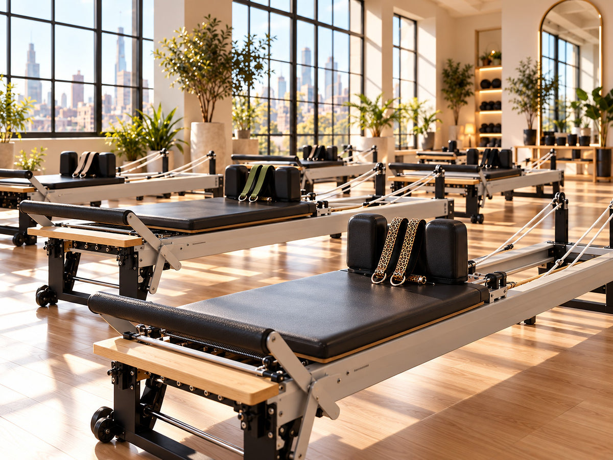 Helles Pilates-Studio mit Reformern, auf jedem ein Paar LOOOPS